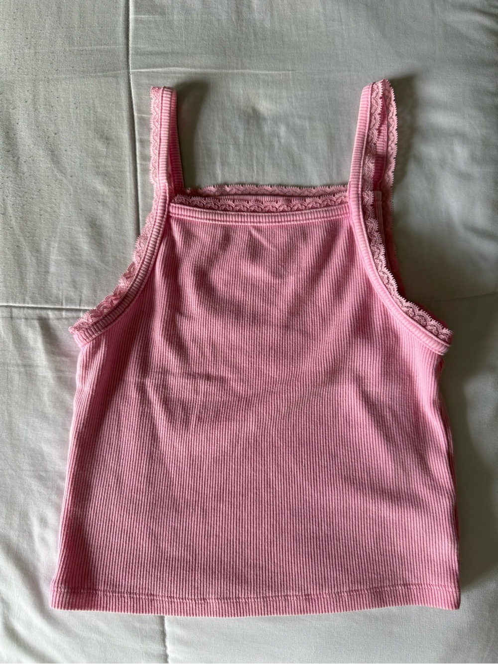 American Eagle Pink Lace-Trim Ribbed Tank Top